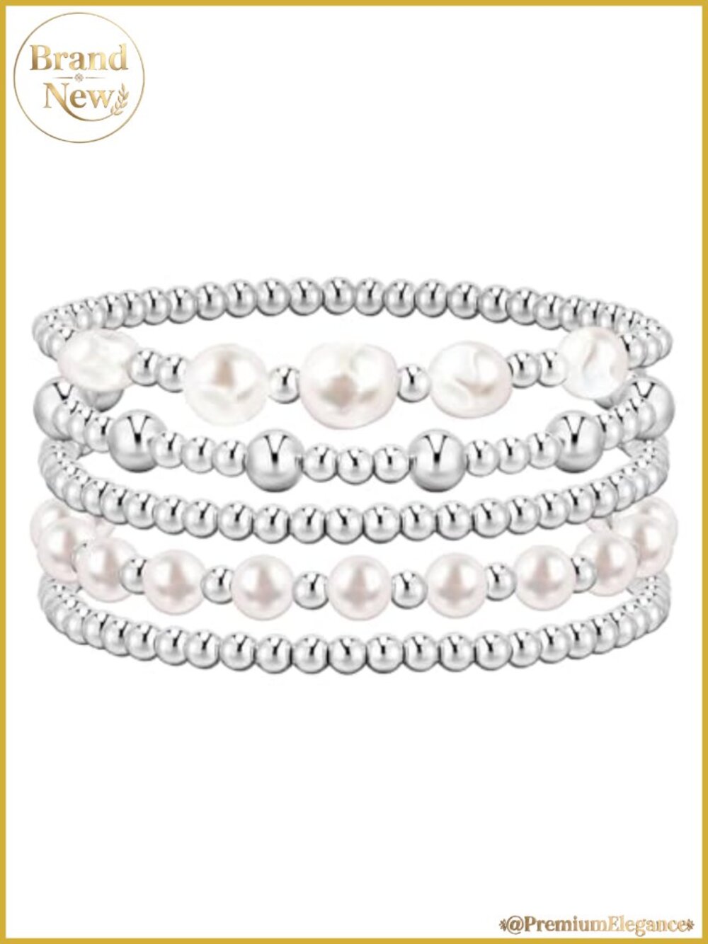 Women's 5-Piece Beaded Bracelet Stack Set, Gold & Silver Pearl Ball Stretch